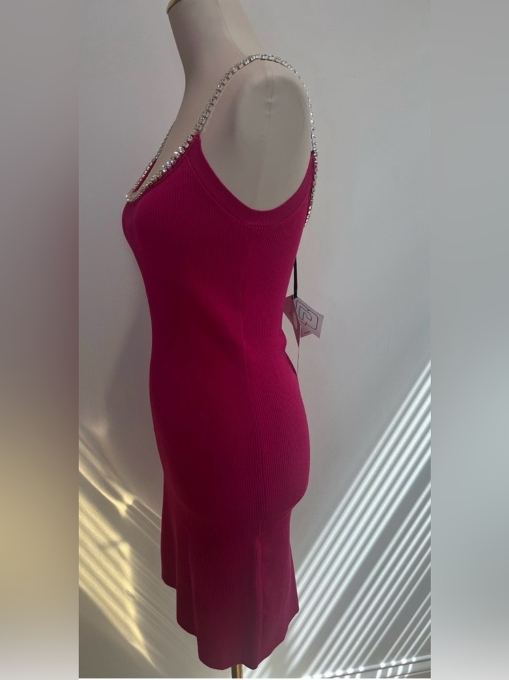 Paco Rabanne Crystal Embellished Ribbed Knit Mini Dress in Pink Raspberry - Picture 10 of 13